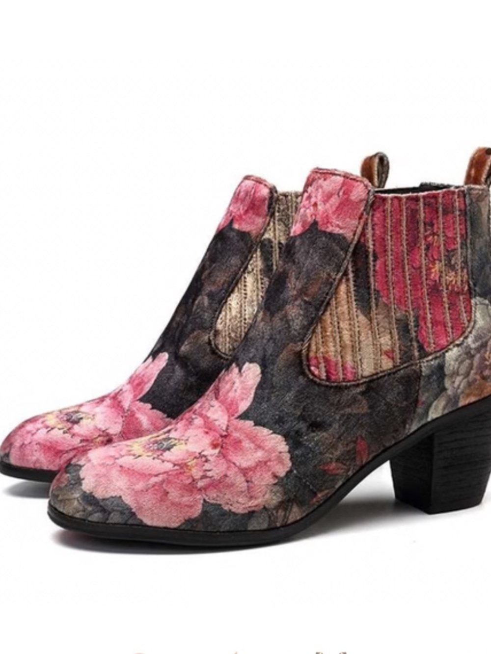 Socofy Floral Pink Chelsea Ankle Boots for Women Velvet tapestry extra stretch